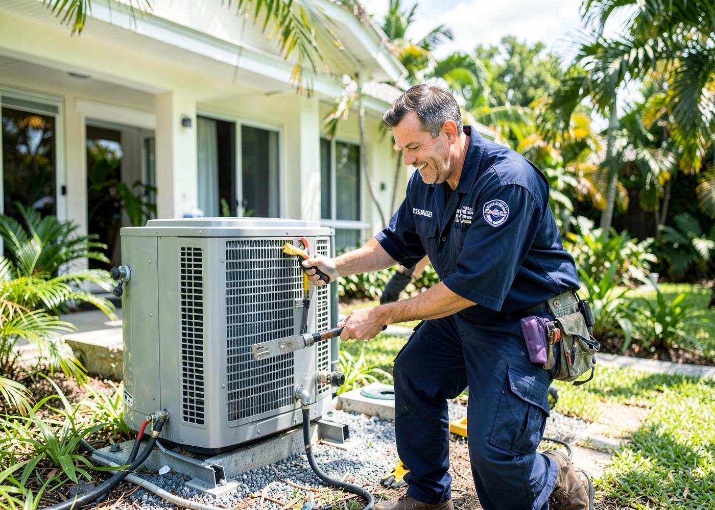 HVAC technician repairing a residential air conditioner in Florida