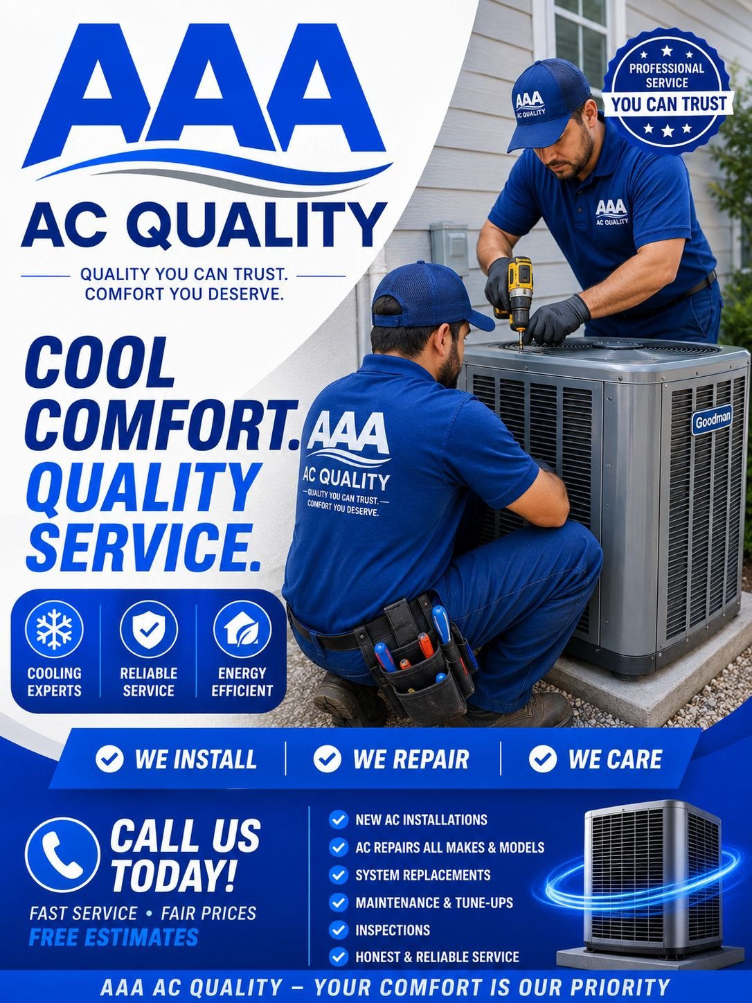 AAA AC Quality technicians repairing an air conditioning unit